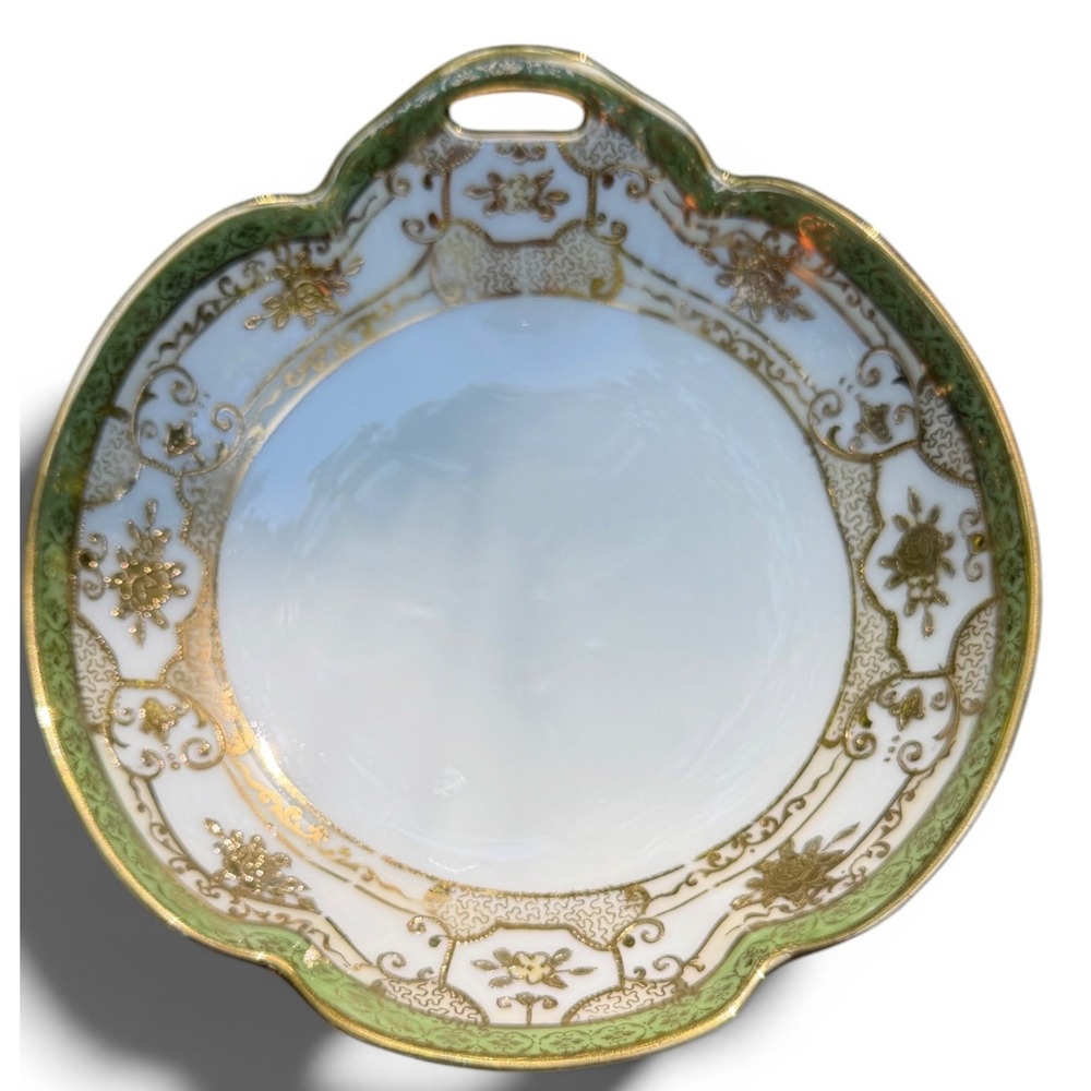 Antique Noritake Nippon Hand Painted Handled Cake Plate Green M Wreath Moriage